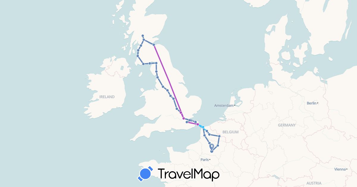 TravelMap itinerary: driving, cycling, train, boat in France, United Kingdom (Europe)